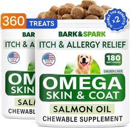 BARK&SPARK (Pack van 2 Omega 3 voor honden - 360 Visolie Kauwen voor hondenvergieten, huidallergie, jeuk verlichting, hot spots behandeling - gezamenlijke gezondheid - huid & jas supplement - EPA&DHA Vetzuren