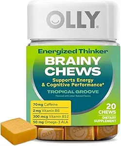 OLLY Energized Thinker Brainy Chews, 70mg Cafeïne, Vitamine B12 & Omega-3, Energiesupplement, Tropische smaak, Vegetarisch, 20 Tellen