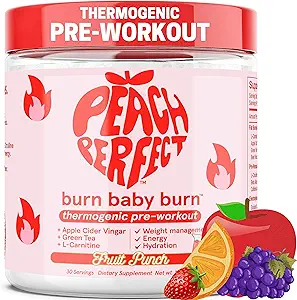 Perzik Perfect Burn Baby Burn Pre Workout Powder voor vrouwen, Fruit Punch, voor energie, met Electrolytes, Apple Cider Vinegar, Natural Cafeine Green Tea, & L Carnitine, Energie Drinkpoeder, 30 Servers