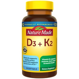 Nature Made Vitamin D3 K2 Supplement, 5000 IE (125 mcg) Vitamine D voor bot, tanden, spier- en immuunondersteuning, 30 D3 en K2 Softgels, 30 Day Supply