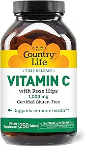 Land Life Release Vitamine C met Rose Hips, Ondersteunt Immune Health, 1000 mg, 250 tabletten, Gecertificeerde Glutenvrij, Gecertificeerde Veganistisch