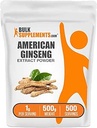 BulkSupplements.com American Ginseng Extract Powder - Ginseng Supplement, Kruidensupplementen - Glutenvrij, 1g per portie, 500g (1,1 lbs) (verpakking van 1)