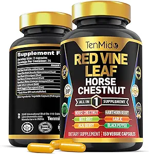 Red Vine Leaf Extract Supplement - 7in1 Formule - Combineer met Horse Chestnut, Beetwortel, Acai Berry, Hawthorn Berry, Knoflook, en Black Pepper - 150 capsules voor 75 dagen levering