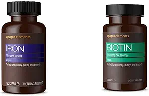 Elementen IJzer 18 mg Capsules, Ondersteunt de productie van rode bloedcellen, Vegan (195 Telling, 6 maanden levering) en elementen Vegan Biotin 5000 mcg - Haar, huid, nagels (130 capsules, 4 maanden levering)