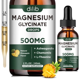 Magnesium Glycinate 500mg - Liquid Magnesium Drops, Ashwagandha, L - Theanine, Kamille - Kalm & Stress Relief, Ontspannen, Rustvolle Slaap, Spier Hart Gezondheid, Vegan - 2 Fl Oz (30 dagen)