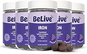 BeLive Iron Gummies - Multivitamine Iron Supplement met vitamine C, A, B & Zink, Ondersteunt Blood Oxygen, Vegan supplementen voor vrouwen, mannen en kinderen voor groei en ontwikkeling - Grape Flavor 5-pack
