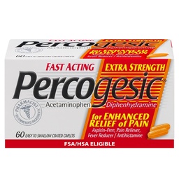 Percogesic Extra Strength Acetaminofen & Difenhydramine pijnverlichting, snelwerkende Aspirine-vrije koorts Reducer & Antihistamine, 60 Tel.