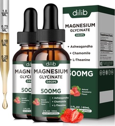 Magnesium Glycinate Liquid Drops Supplement, met Magnesium Glycinate 500mg Ashwagandha, L - Theanine, Kamille - Ondersteuning Stress Relief, Bot, Spier, Mood Aardbei Smaak 2Pack