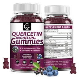 Quercetine Gummies with Bromelain 2378mg - Blend with Elderberry, Echinacea Purpurea Extract, Zink, Vitamine C,D3,K2, Complex Supports Immune, Cardiovasculaire & Respiratory, Vegan Gummy for Adult & Kid