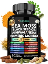 Adndale Sea Moss Black Seed Oil Ashwagandha Ginger Capsules. SeaMoss Capsules met Black Seed Oil, Ashwagandha, Turmeric, Moringa, Bladderwrack, Burdock Root, Manuka Honey, Cinnamon