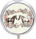 Ronde metalen pil Box,Flowers en paarden Hand getrokken Gedrukt Travel Pill Organizer Portable Pill Container kleine pil Box voor portemonnee en zak voor het opslaan van vitaminen, geneesmiddelen en supplementen