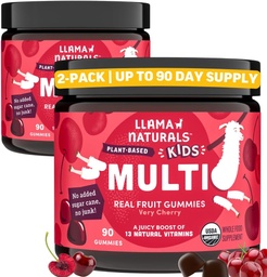 Llama Naturals Kids Multivitamine Gummies, Veganist, Organisch met vitamine D, C & K, Peuter Real Fruit Gummy Vitaminen, Kauwbare Supplement, Whole Food Multivitamine, Geen toegevoegde suiker Cane, Cherry, 2 Pk
