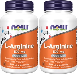 NOW Supplementen, L-Arginine 500 mg, Nitrikoxide Precursor*, Aminozuur, 250 Veg Capsules (verpakking van 2)
