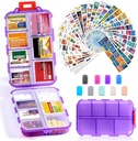 14 Grids Travel Pill Organizer Box met 415-Pcs Medicine Naam Labels, Pocket Daily Pharmacy Case Container, Reizen Medication Holder Dispenser Kit voor Visolie Vitamine Supplement Opslag - Helder paars