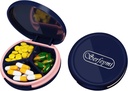 Serfeymi Small Pill Box - 3 Compartments Portable Pill Box for Purse Pocket, Compact Mini Travel Pill Case - Geschikt voor geneeskunde, vitamine, visolie, supplementen - Donkerblauw(Logo)
