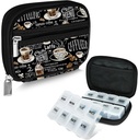 Serfeymi Weekly Travel Pill Organizer Pill Case voor Portemonnee met verwijderbare 7 dagen pil Box, Modieuze Travel Medicine Organizer Pill Container voor Geneeskunde, Vitamine, Supplement - Black 02 + pil Box