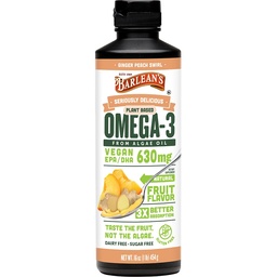 Barlean's Ginger Peach Vegan Omega 3-supplement, vloeibare algenolie met 630 mg EPA & DHA, plantaardige omega's uit algenolie, niet-GMO & Glutenvrij, 16 oz