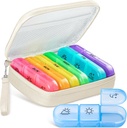 Schattige pil Organizer 3 keer per dag, grote dagelijkse pil geval voor vrouwen, draagbare pil doos 7 dag voor tas met zak & rits om vitamines, medicijnen, visolie, supplementen (Beige)