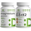 Magnesium Glycinate 500mg Veggie Capsules & Vitamin D3 5.000iu + K2 100mcg Softgels Bundel 