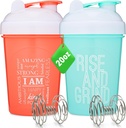 [2 Pack] 20-once Shaker Bottle with Motivational Quotes (Coral & Mint) 