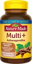 Nature Made Multi + Ashwagandha, Multivitamine voor vrouwen en mannen voor dagelijkse stress Relief Support, Multivitamine voor mannen & vrouwen, One Per Day Heren & Womens Vitaminen, 60 Capsules, Bruin