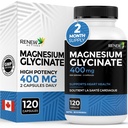RENEW ACTIVES Magnesium Glycinate 400MG per 2 capsules Pure Magnesium Bisglycinaat voor volledige lichaam ontspannen, slapen, spieren, botten en energie - Elektrolyt Balance - Made in Canada -120 Capsules