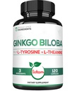 1000mg Ginkgo Biloba supplementen met L-tyrosine, L-Theanine - 120 capsules voor 2-maands levering - Ondersteuning focus, Mermory functie, Brain Health & Vision kwaliteit