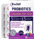 Bio360 Probiotics for Kids - 15 Strains & 5 Billion CFU Supports Brain, Immune & Digestive Health - Kids Probiotic Chewable with Organic Prebiotics for Gut & Constipation, Mixed Berry Flavor, 30 Count
