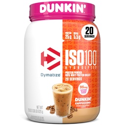 Dymatize x Dunkin' Cappuccino ISO100 Wei Proteïnepoeder, 95mg Cafeïne, 25g Proteïne5.5g BCAA's, 120 Cal., Glutenvrij, 1g Vet, 1g Suiker, 2g Carb (20 Servers)