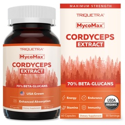 Organic Cordyceps Mushroom Extract - 70% Beta Glucans - Highest Active Nutrient Levels, Max Potency Cordyceps Capsules, US Grown + Ultrasonic Extraction - Performance, Immunity & Energy - 60 Capsules