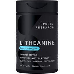 Sportonderzoek Dubbele sterkte L-Theanine Supplement - Suntheanine Softgels for Focus, Relaxation & Alertness - Niet-Drowsy Ondersteuning Gemaakt met kokosolie, niet-GMO & Glutenvrij - 200mg, 120 Tel.