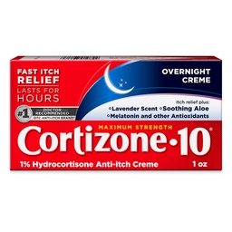 Cortizone-10 Maximale sterkte Overnight Itch Relief Cream, 1% Hydrocortison, Snelwerkende, Lavendel Geparfumeerd Anti-Itch Cream voor Bug Bites, Rash, Eczema, Psoriasis, Poison Ivy, Oak, Sumac, 1 oz