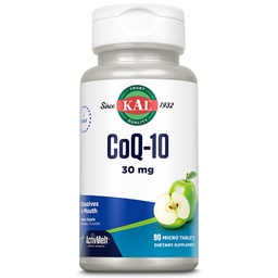 KAL CoQ10 30mg, Antioxidant Formula, RvE-supplement Q10 voor hartgezondheid en Cellular Energy Support, Snel oplossende ActivMelts, Vegetarisch, Natural Green Apple Flavor, 90 Serv, 90 Micro Tablets
