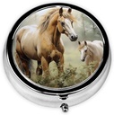 Pill Case met spiegel Retro 3 Compartiment Pill Box Dieren Borduren Schilderijen Paarden Kleine pil Organizer voor Purse of Pocket Decoratieve Metaal Geneeskunde Vitamine Organisator Unieke Gifts