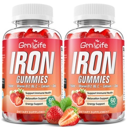 Iron Gummies for Women, Men & Kids, Sugar Free Iron Supplement with Calcium, Zink, Folate & Vitamin B12, C, B6 - for Blood Building & Energy Support, Anemia, Strawberry, 120 Count
