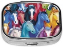 Kleurrijke cartoon paarden Gedrukte Vierkante pil Organisator met 2 afdelingen, Portable Mini Pill Box Pill Case voor Geneeskunde, Vitamine, Visolie, Supplementen