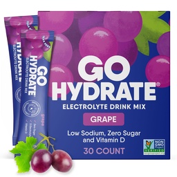 GoHydrate Instant Hydration Powder Packets - Low Sodium Electrolytes Drink Mix - Natural Hydration Support, Sugar Free Electrolyte Flavored Powder Drink met vitamine D, 30 Packs, Druiven