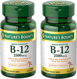 Bounty Vitamine B12 2500 mcg, Cellular Energy Support, voor energiemetabolisme, hart- en zenuwstelsel Gezondheid, 75 Quick Solution Tablets (pakket van 2)