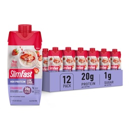 SlimFast Proteïne Shake, Aardbei- 20g Proteïne, Maaltijd Vervangingsshake Klaar om te drinken, hoog eiwit met lage Carb en lage suiker, 24 Vitaminen en mineralen, 12 Tellen (pakket van 1) (Verpakking mei Vary)