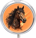 Travel Pill Box for Purse & Pocket,Orange Achtergrond met Horse Head Print Metal Small Pill Case,Round Cute Pill Organizer,3 Compartiment Pill Container,Mini Pill Boxes for Pills,Vitamins,Supplements,a