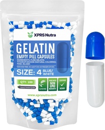 XPRS Nutra Maat 4 Lege Capsules - 100 Tel kleine lege Gelatine Capsules - Pillen DIY Capsule vullen - Vulbare Pure Bovine Pill Gel Caps voor Do-It-Yourself Supplements (Blauw/Wit)