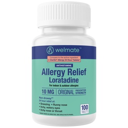 WELMATE - Allergie Relief - Loratadine 10 mg - 24 uurs relief Antihistamine - Non Drowsy - Runny Nose - Sneezing - Itchy Nose & Throat - Watery Eyes - Indoor & Outdoor Allergie Medication - 100 Tel.