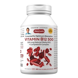 ANDREW LESSMAN Vitamine B12 500 360 Capsules - Absorptie-beschermd Methylcobalamine (Natural Coenzyme Vitamin B12), essentieel voor energie- en stressondersteuning, Plus B-complex, gemakkelijk doorslikken Capsules