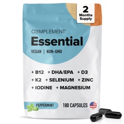 Complement Essential Vegan Multivitamine for Men & Women (60 Servings, 180 Capsules) with Omega-3 DHA & EPA, B12, Vitamine D3 & K2, Zink, Selenium, Magnesium, Jodium - Ondersteuning Immunity & Algehele gezondheid