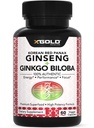 Korean Red Panax Ginseng 1200mg + Ginkgo Biloba - Extra sterkte Root Extract Powder Supplement w/High Ginsenosides Vegan Capsules for Energy, Performance & Focus - Supplement for Men & Women