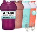 GOMOYO 4-Pack - 20 Ounce Shaker Bottle, Proteïne Shaker Wire Whisk x4, Bulk Proteïne Drink en Pre-Workout Shaker Cups, Vaatwasmachine Veilig & BPA Vrij