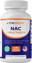 Vitamatic NAC Supplement N-Acetyl-L-Cysteine (NAC) met melkdistel 50:1 Extract - Ondersteunt Immuun, Ademhalingsstelsel, Lever Gezondheid, 1200 mg per portie, 120 Veg Capsules