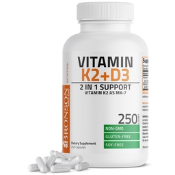 Bronson Vitamine K2 (MK7) met D3 Supplement Non-GMO Formule 5000 IE Vitamine D3 & 90 mcg K2 MK-7 Eenvoudig doorslikken D & K Complex, 250 capsules