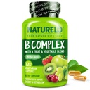 NATURELO Vitamine B Complex,120 Capsules, Vegan, CoQ10, Methylfolaat, Biotine, Fruit & Veg Blend, ondersteunt energie en gezonde stress respons, Super B Complex Vitaminen voor vrouwen en mannen