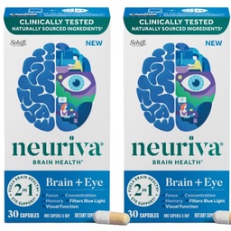 NEURIVA Brain + Eye Supplement for Memory, Focus & Concentration with Clinically Tested Lutein and Zeaxanthine, Vitamins A C & E + Zink for Eye Health & Filter Blue Light Capsules 30 Count Capsules (2 Pack)